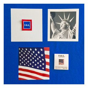 Patriotic-themed cards on blue background
