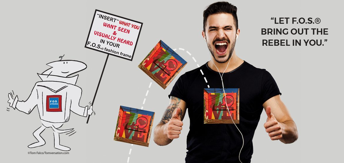 Happy man wearing headphones and F.O.S. design