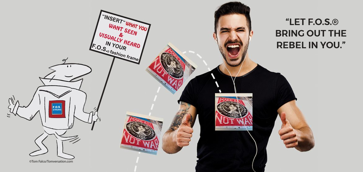 Cartoon character holding a sign and product