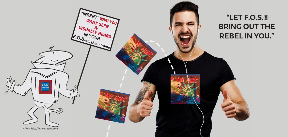 Man wearing headphones and F.O.S. shirt