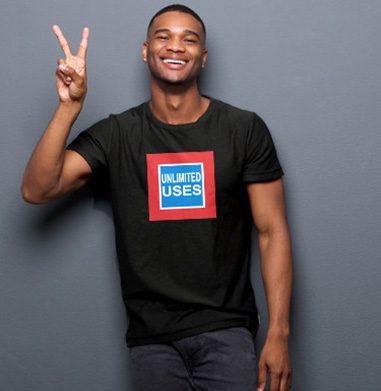 Man in "Unlimited Uses" shirt